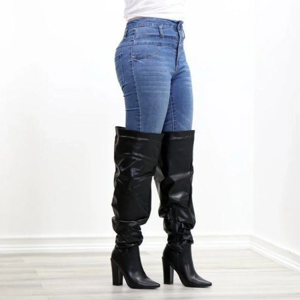 Black Synthetic Leather Thigh High Trendy Boots - Picture 14 of 15
